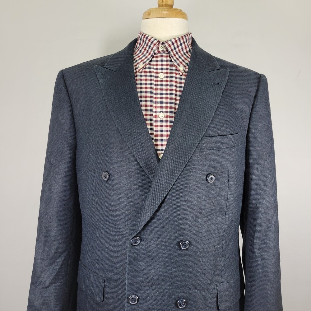 Alan Flusser Men's Double Breast Sport Coat Blazer Peak Navy Silk Wool 44L - Picture 6 of 16